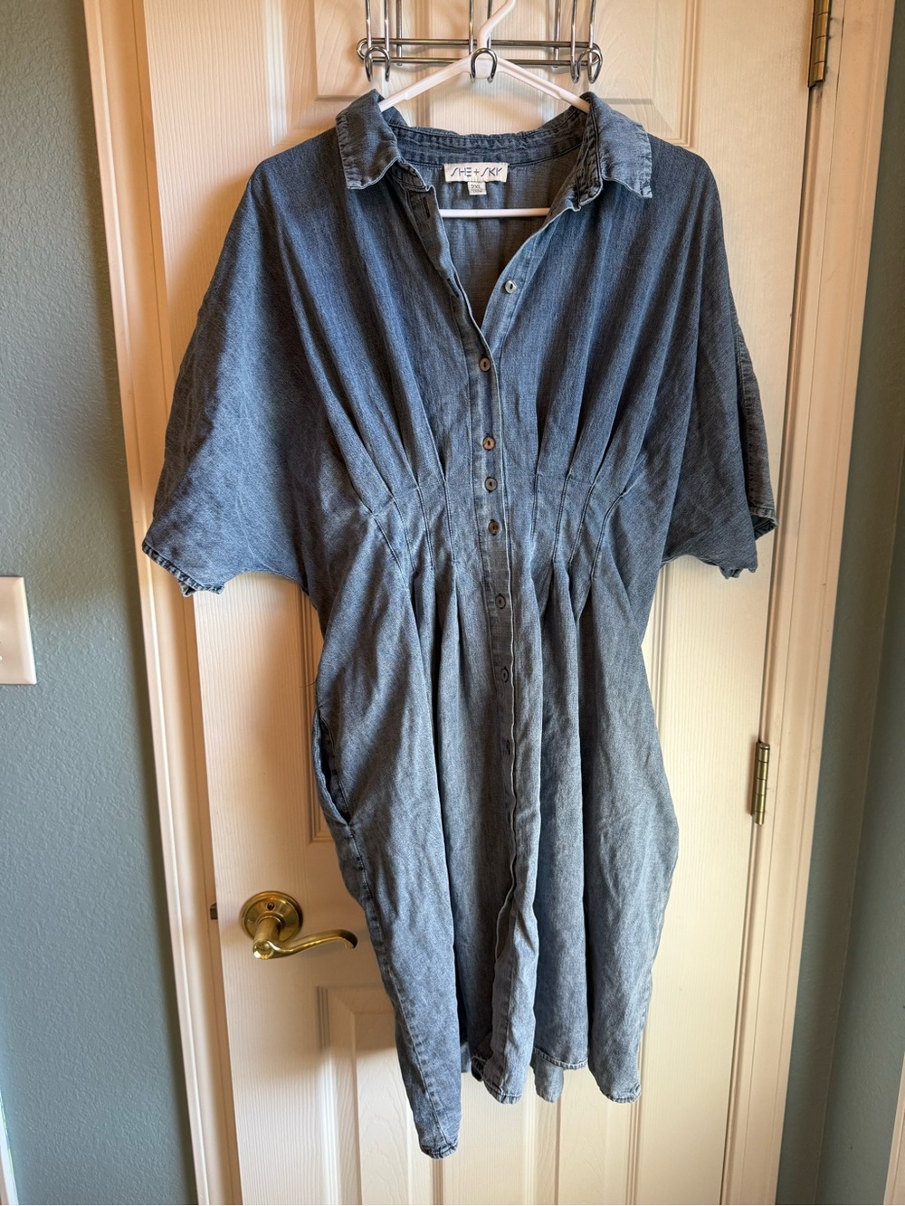 She + Sky Washed Indigo Button-Front Midi Dress